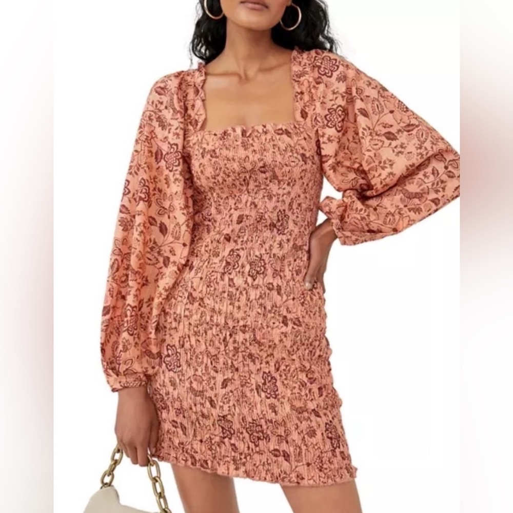 NWT Free People Smock It To Me Puff Sleeve Smocked Body Mini Dress Apricot Large